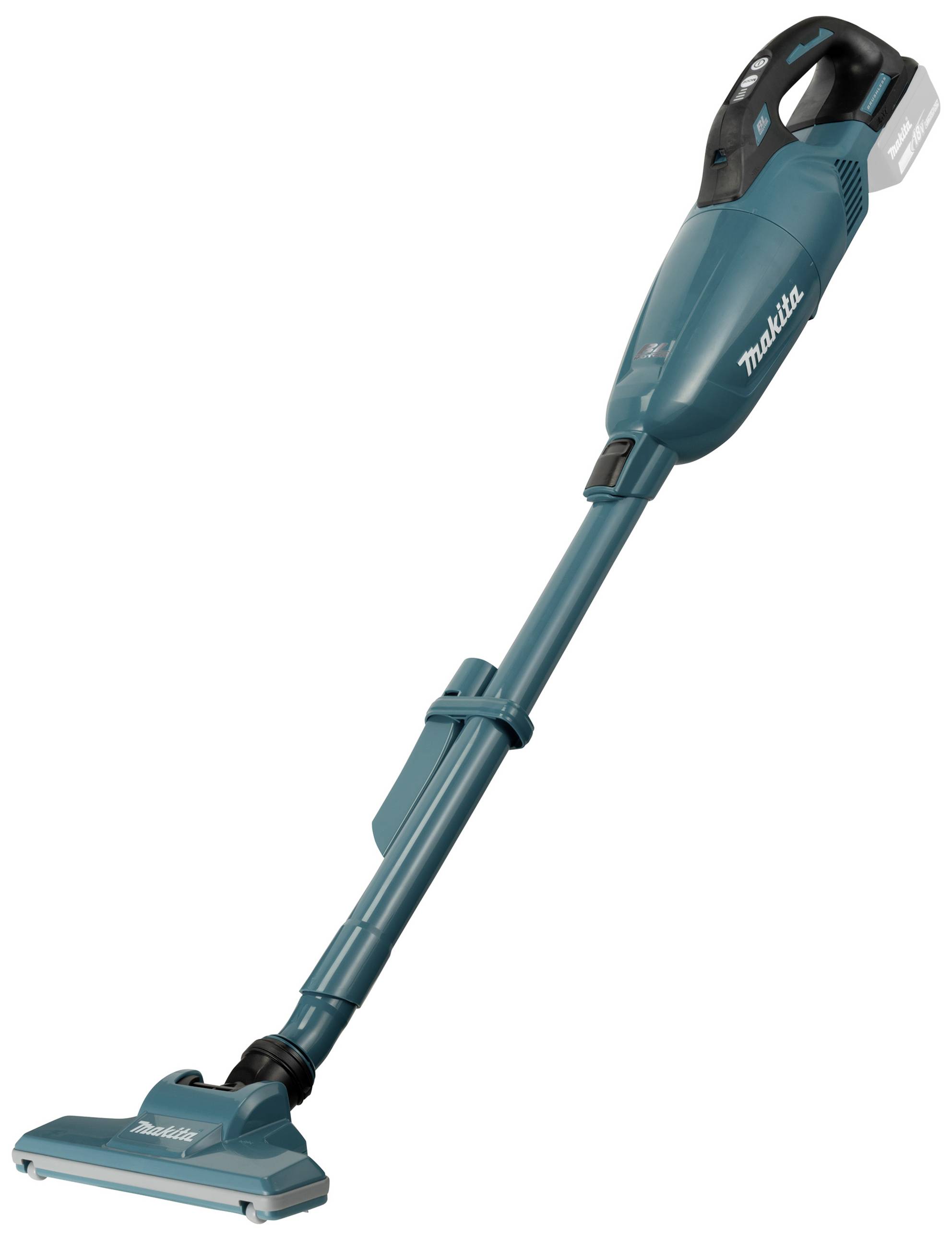 Un aspirateur sans fil bleu-vert de Makita avec une poignée coudée et une petite buse d'aspiration, présenté verticalement.