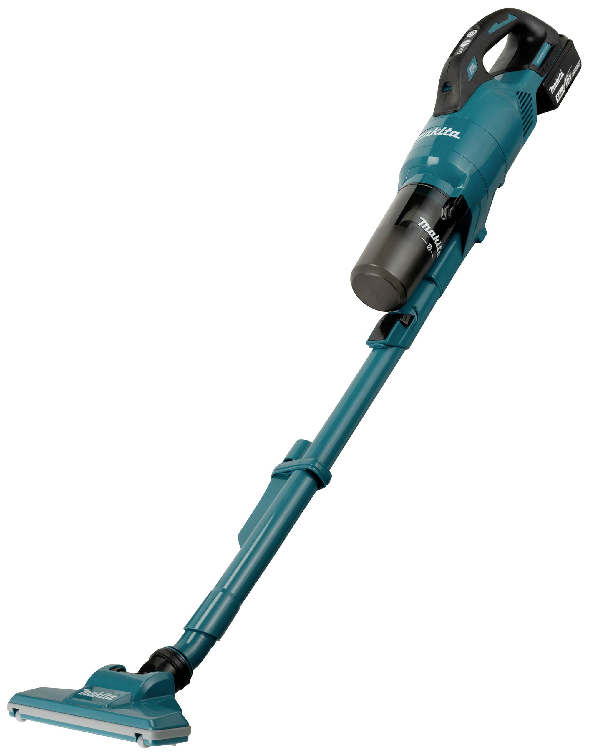 Aspirateur sans fil de couleur turquoise, avec une longue poignée et une large buse de sol, conçu pour être debout. Adapté aux travaux de nettoyage légers.