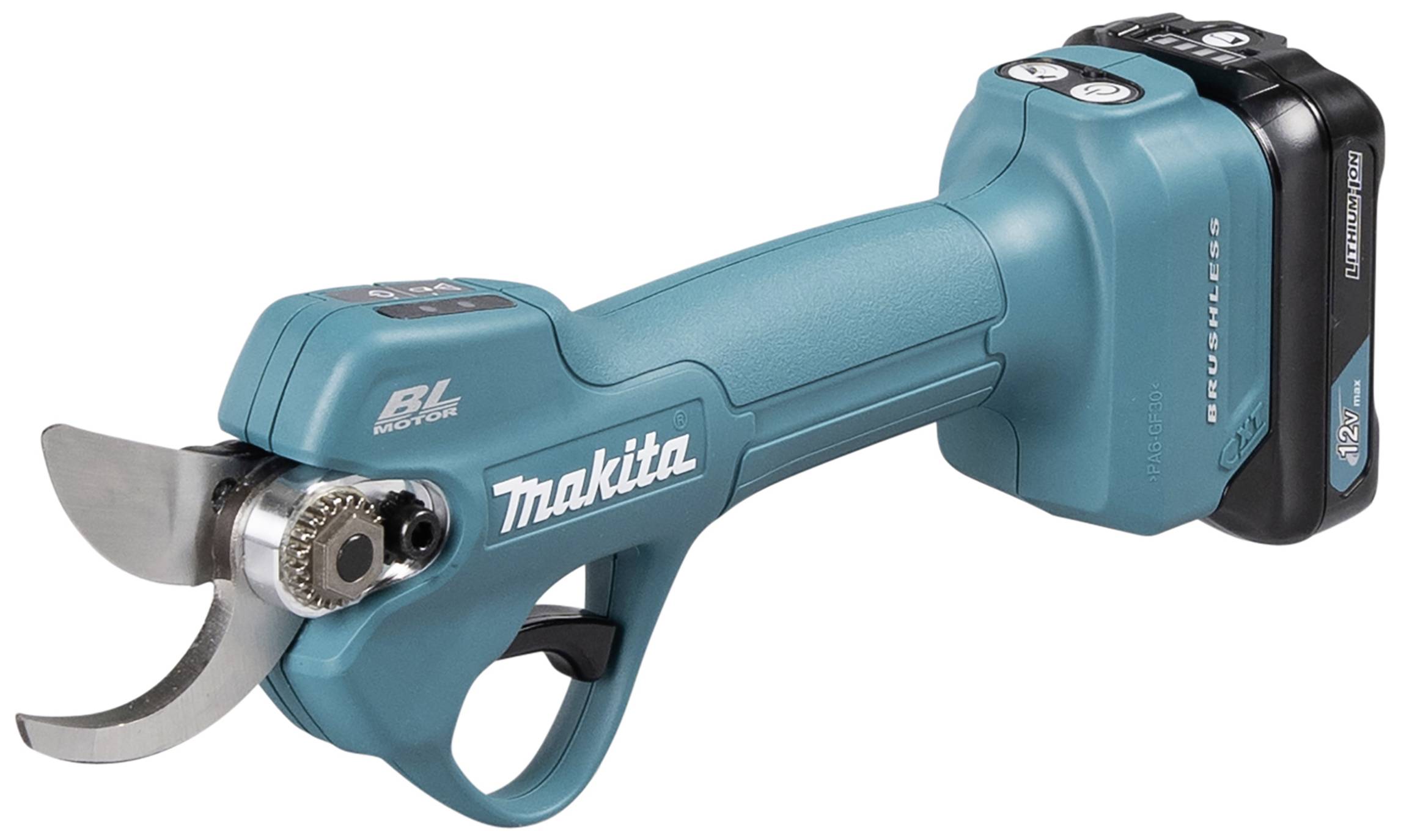 Sécateur à batterie de marque Makita avec boîtier bleu et lame argentée, adapté aux travaux de jardinage, design compact.