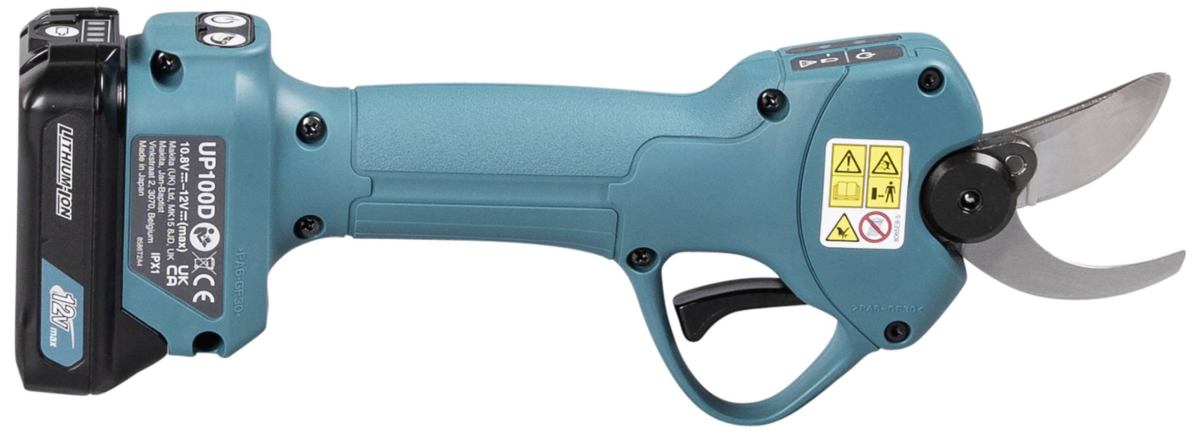 Sécateur électrique bleu avec poignée noire et bouton de déclenchement. Consignes de sécurité sur le côté. Batterie visible.