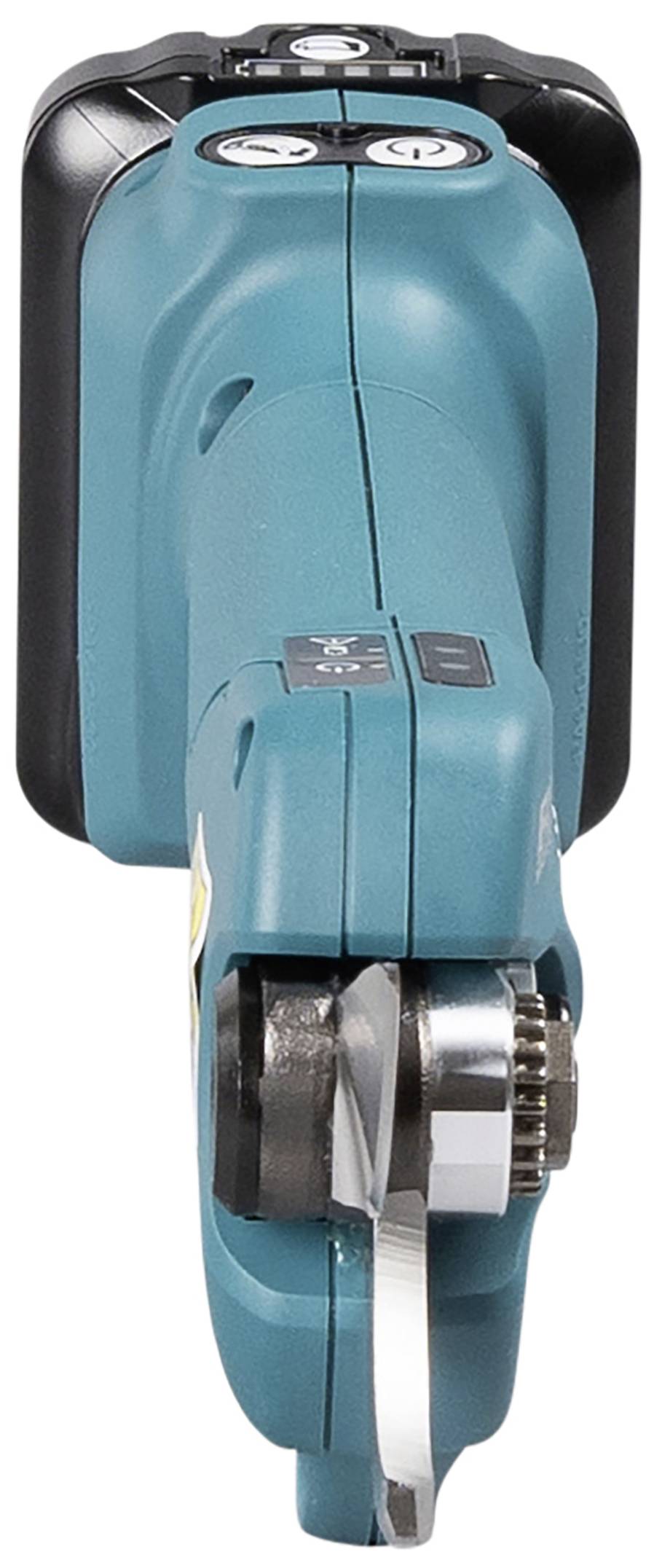 Outil électrique de couleur turquoise avec système de serrage rapide, généralement utilisé pour les travaux de meulage et de coupe. Vue de dessus.