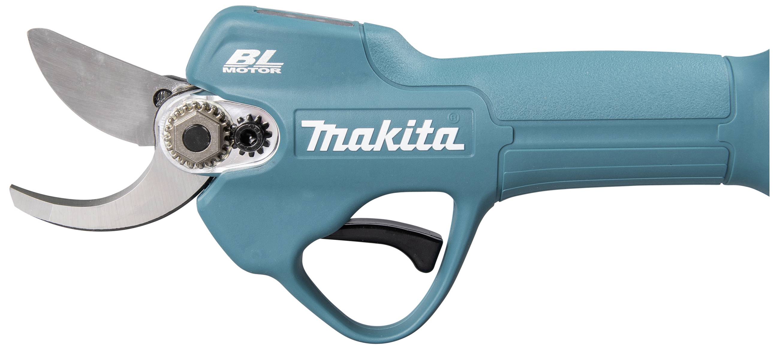 Sécateur électrique au design turquoise portant l'inscription 'Makita'. Adapté aux travaux de jardinage.