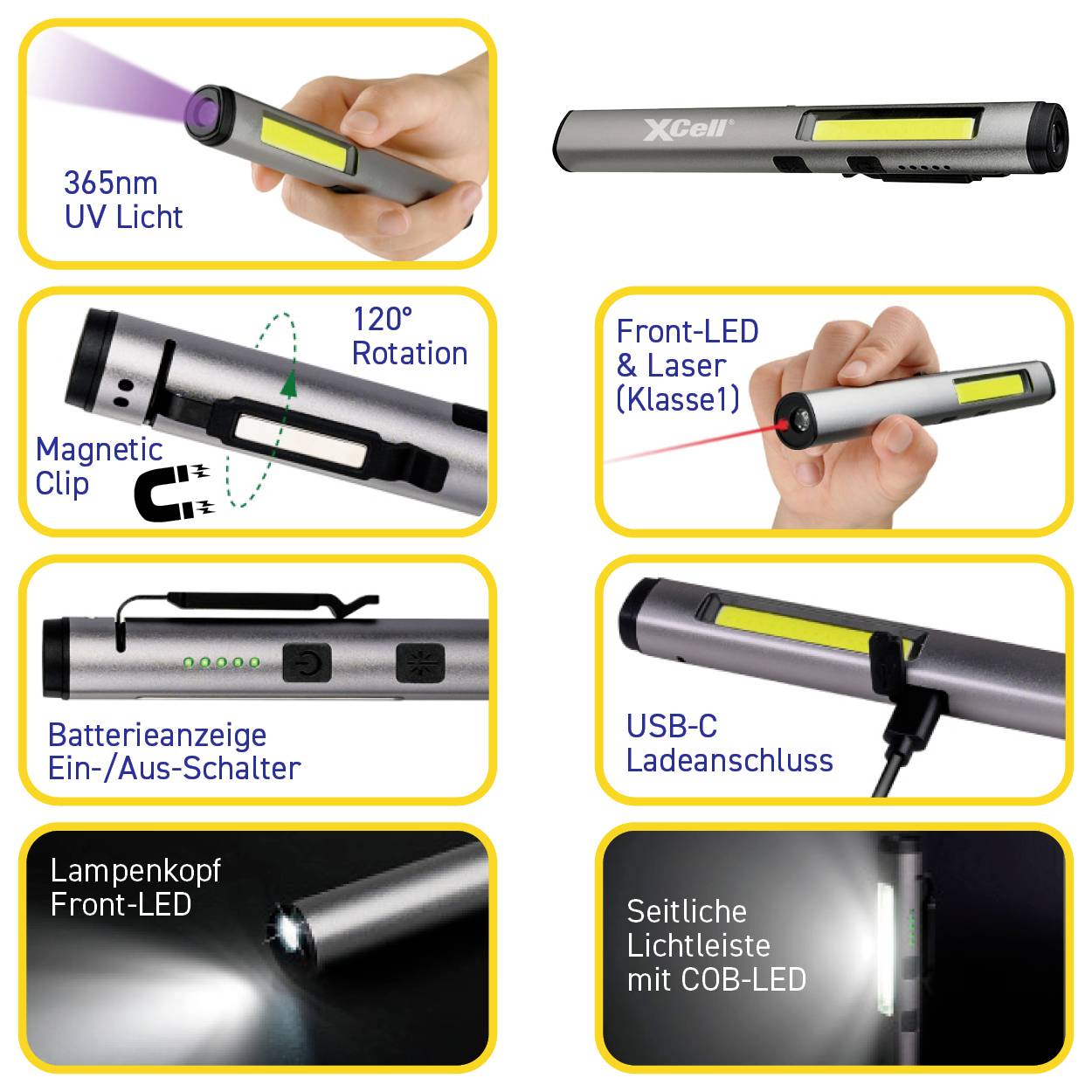Un stylo multifonctionnel avec lumière UV, LED frontale, fonction laser, clip magnétique, port de charge et tête de lampe rotative à 120 degrés.