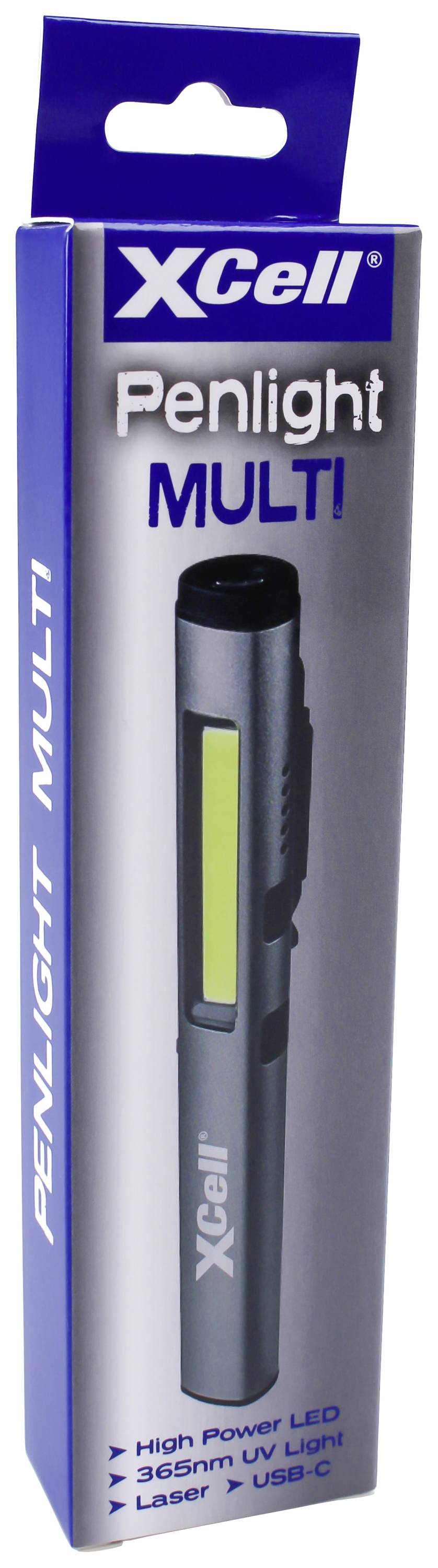 Emballage 'XCell Penlight MULTI' présente un stylo-lampe gris avec des fonctions LED, lumière UV et laser. Se charge via USB-C.