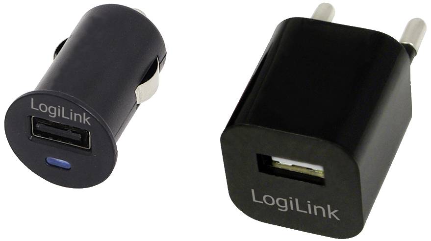 Sur l'image, on peut voir deux adaptateurs de charge USB de LogiLink : à gauche, un adaptateur pour l'allume-cigare de voiture et à droite, un adaptateur secteur.