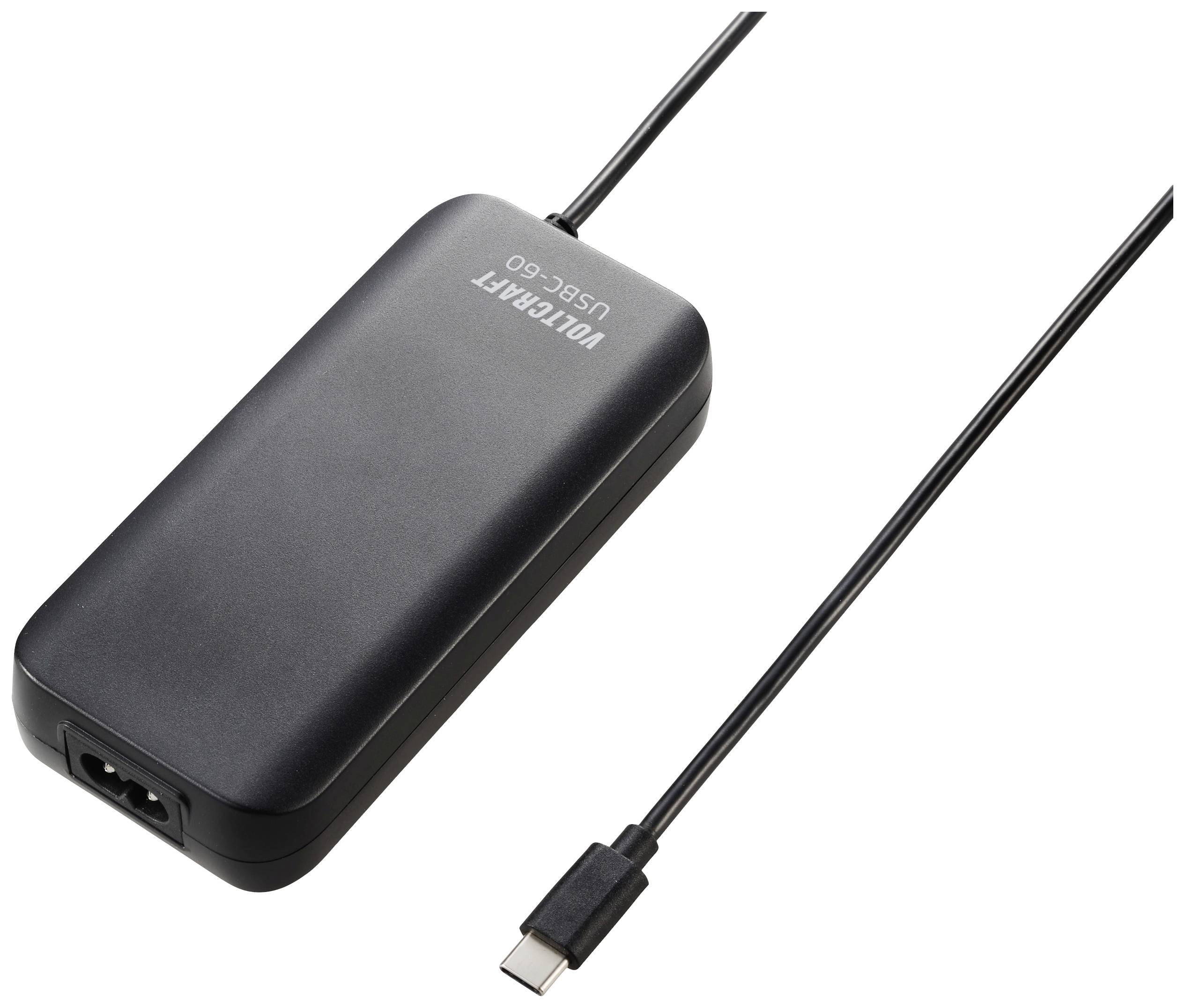 Chargeur noir avec câble de connexion USB-C, adapté à divers appareils électroniques.