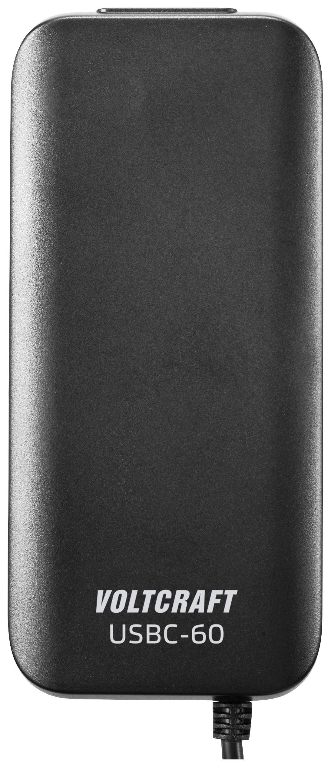 Un chargeur noir portant l'inscription 'Voltcraft USBC-60' en bas, connecté à un câble.