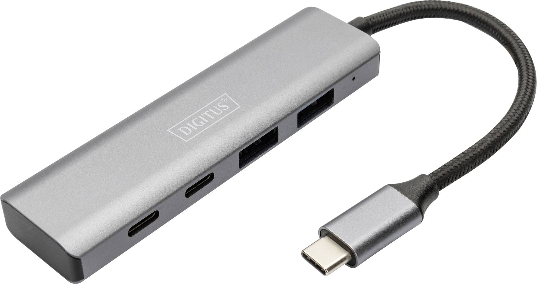 Hub USB-C à quatre ports : deux ports USB et deux ports USB-C, avec un câble court. Boîtier gris métallique.