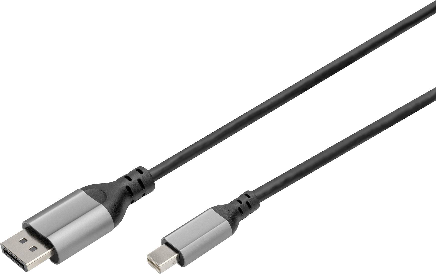 Câble HDMI noir sur USB-C avec des connecteurs métalliques, sur fond blanc.