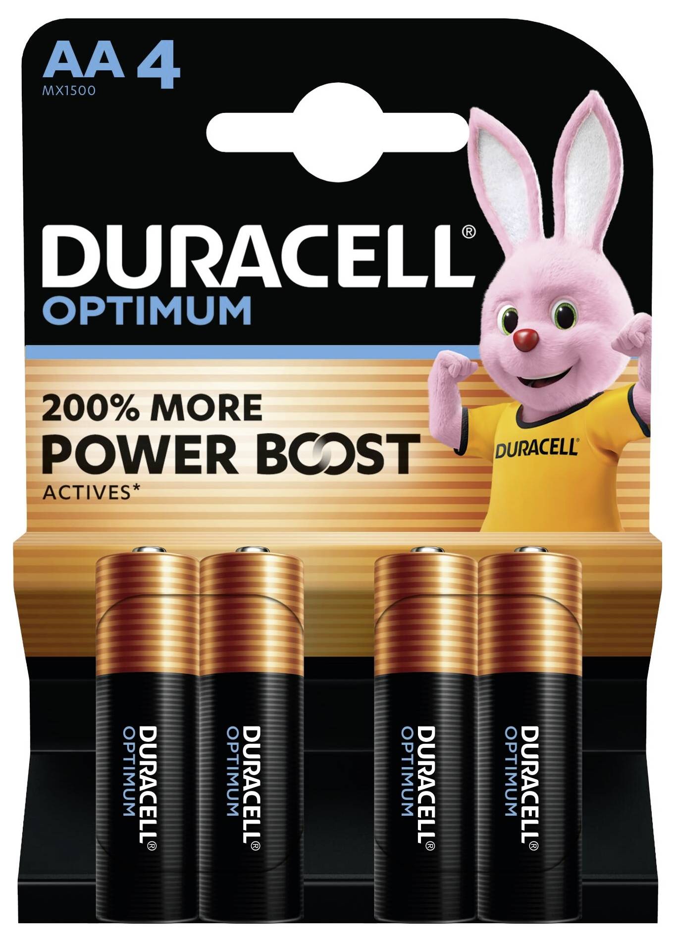 Paquet de piles AA Duracell Optimum, contenant quatre piles et un mascotte lapin rose. Le texte indique « 200% More Power Boost Actives » (200% de boost de puissance supplémentaire avec les actifs).