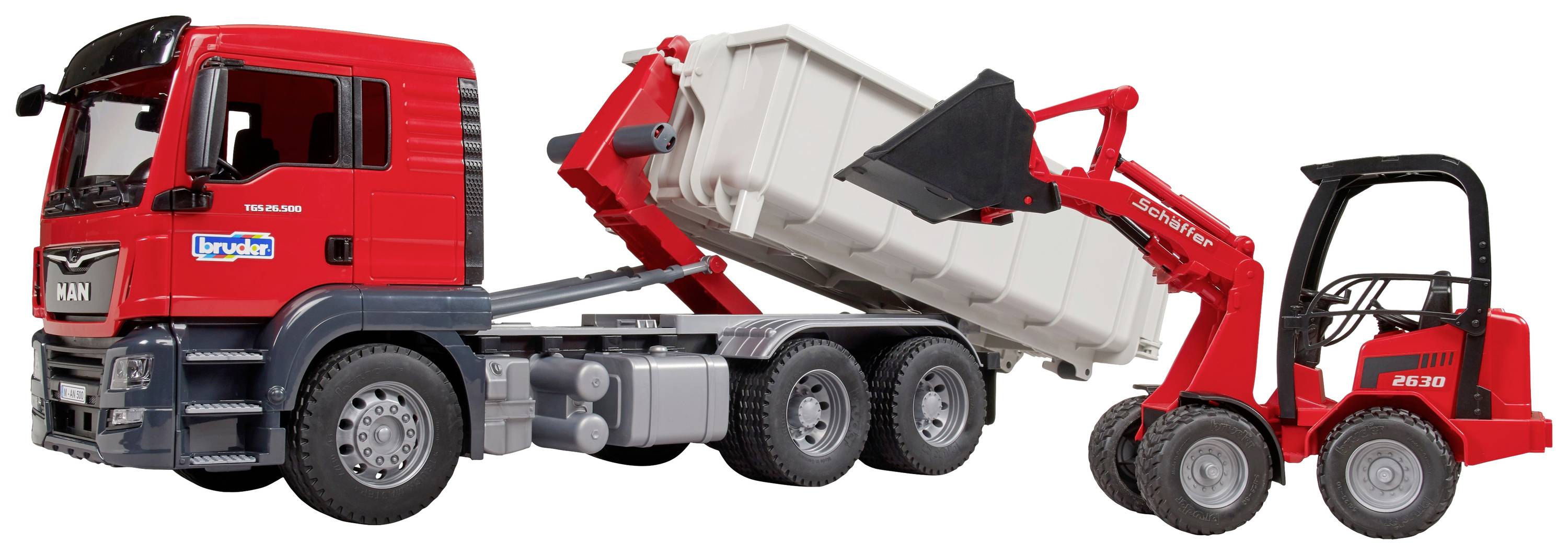 bruder Modèle réduit de camion MAN TGS avec conteneur à roulettes + Heflaader Schäffer modèle fini