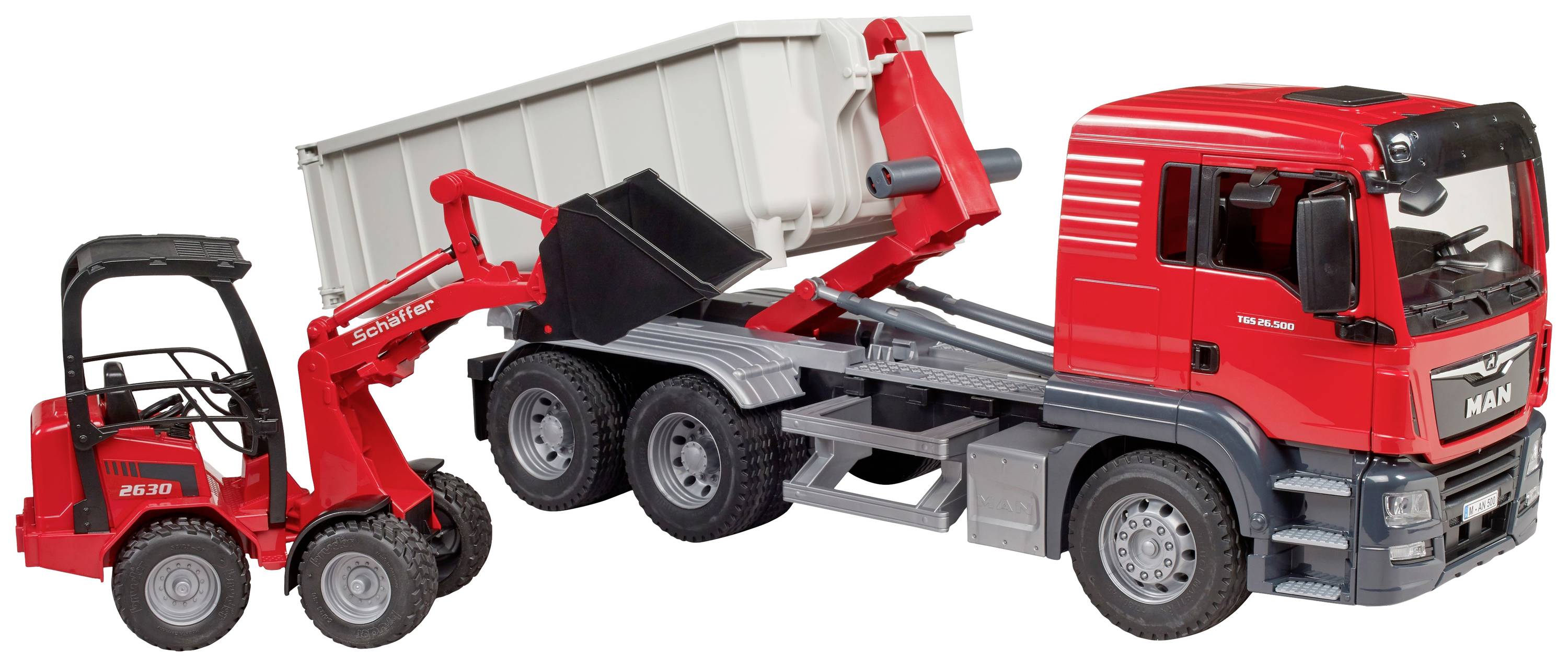 bruder Modèle réduit de camion MAN TGS avec conteneur à roulettes + Heflaader Schäffer modèle fini