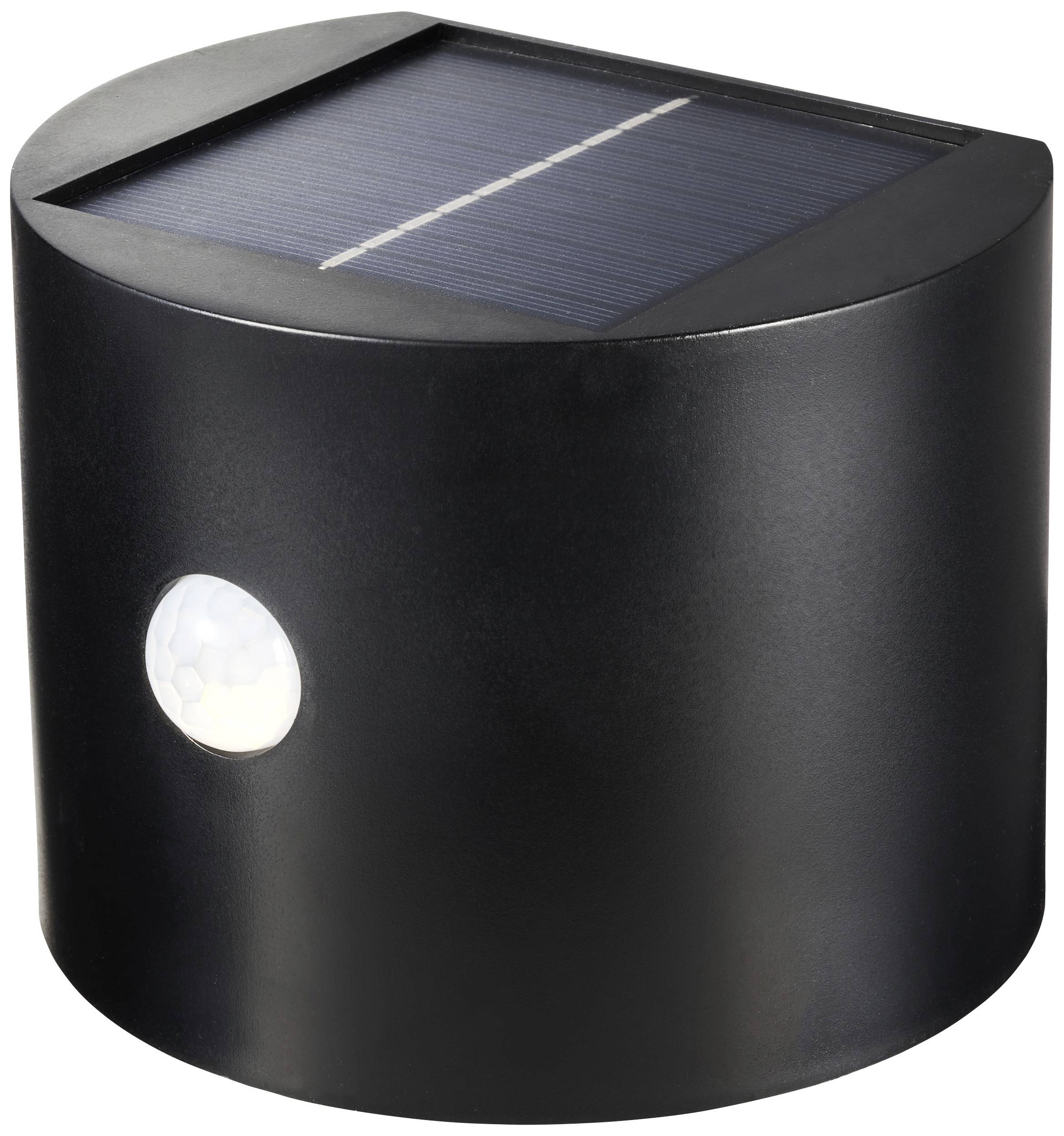 Lampe solaire ronde noire avec panneau solaire en haut et détecteur de mouvement sur le côté. Idéale pour les espaces extérieurs.