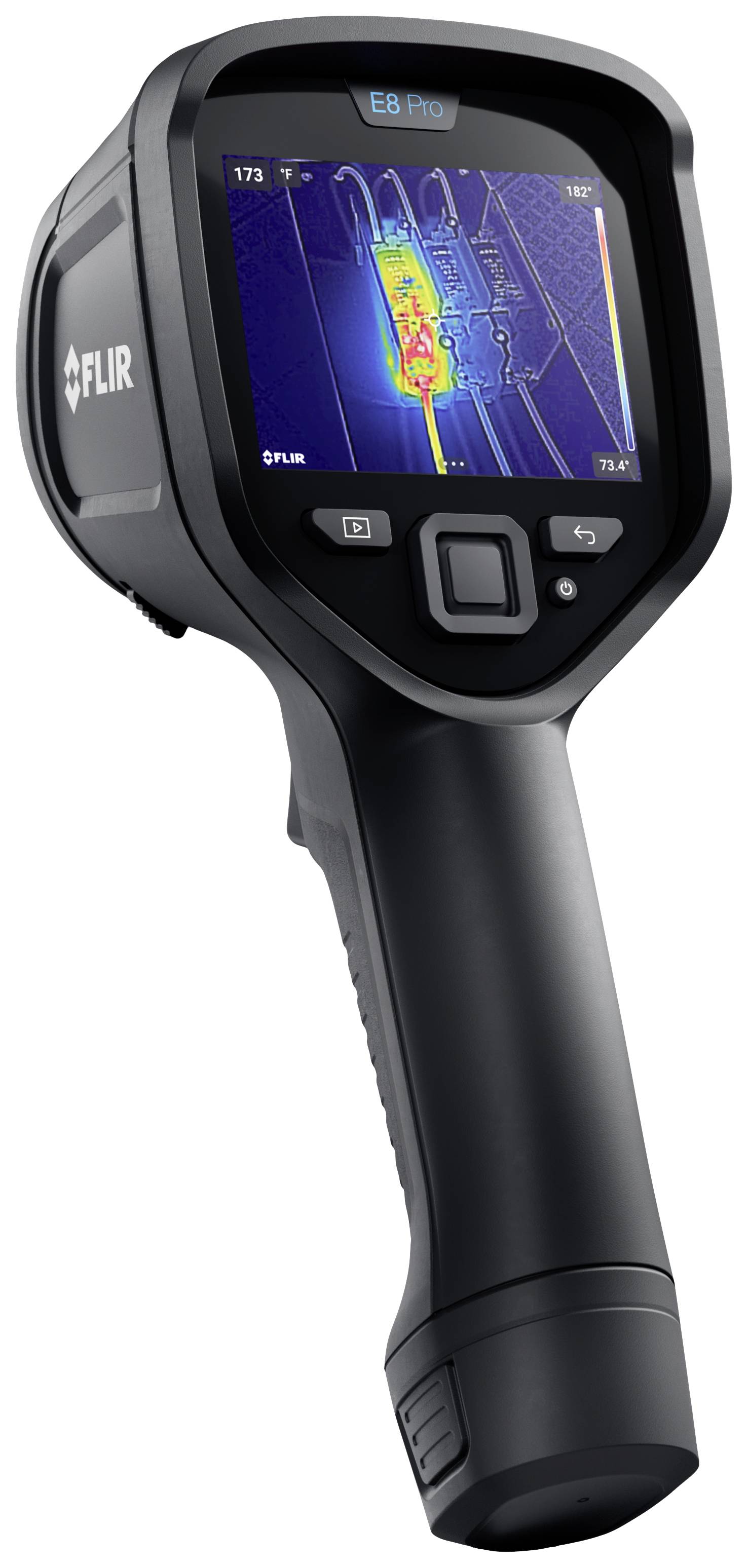 Une caméra thermique noire avec un écran affichant une image de température colorée. La marque 'FLIR' est visible sur l'appareil.