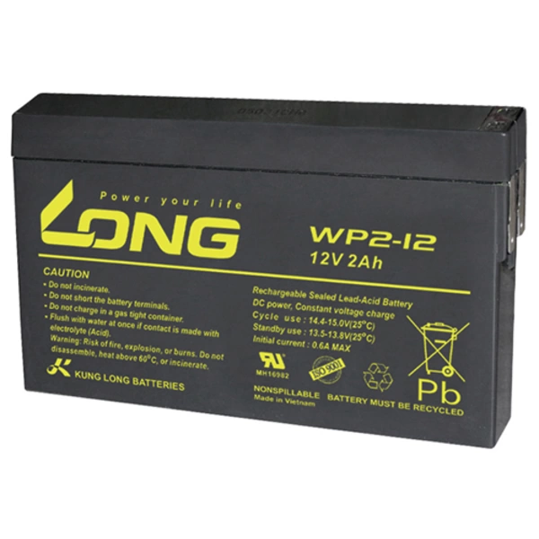 Long WP2-12 WP2-12 Batterie au plomb 12 V 2 Ah plomb (AGM) (l x H x P) 150 x 90 x 20 mm cosses plates 4,8 mm auto-décharg Long WP2-12 WP2-12 Batterie au plomb 12 V 2 Ah plomb (AGM) (l x H x P) 150 x 90 x 20 mm cosses plates 4,8 mm auto-décharg
