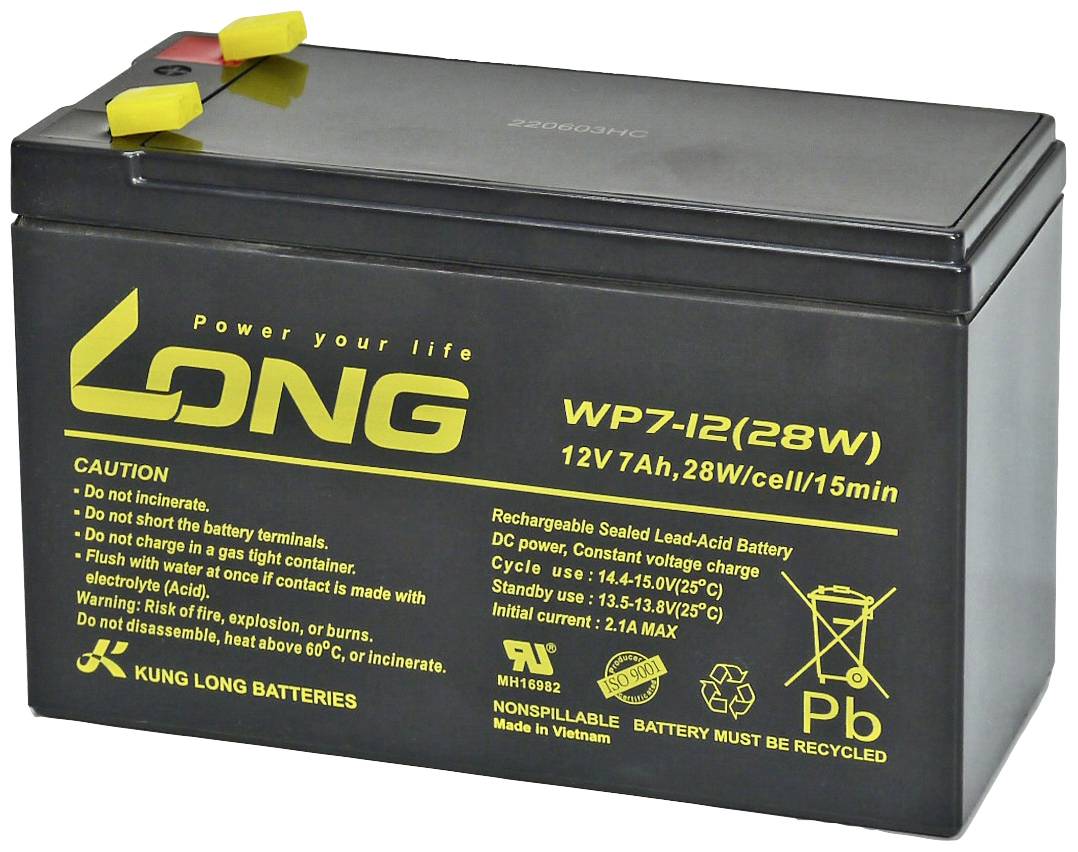 Long WP7-12(28W)-M/F2 WP7-12(28W)-M/F2 Batterie au plomb 12 V 7 Ah plomb (AGM) (l x H x P) 151 x 102 x 65 mm cosses plates 6,35