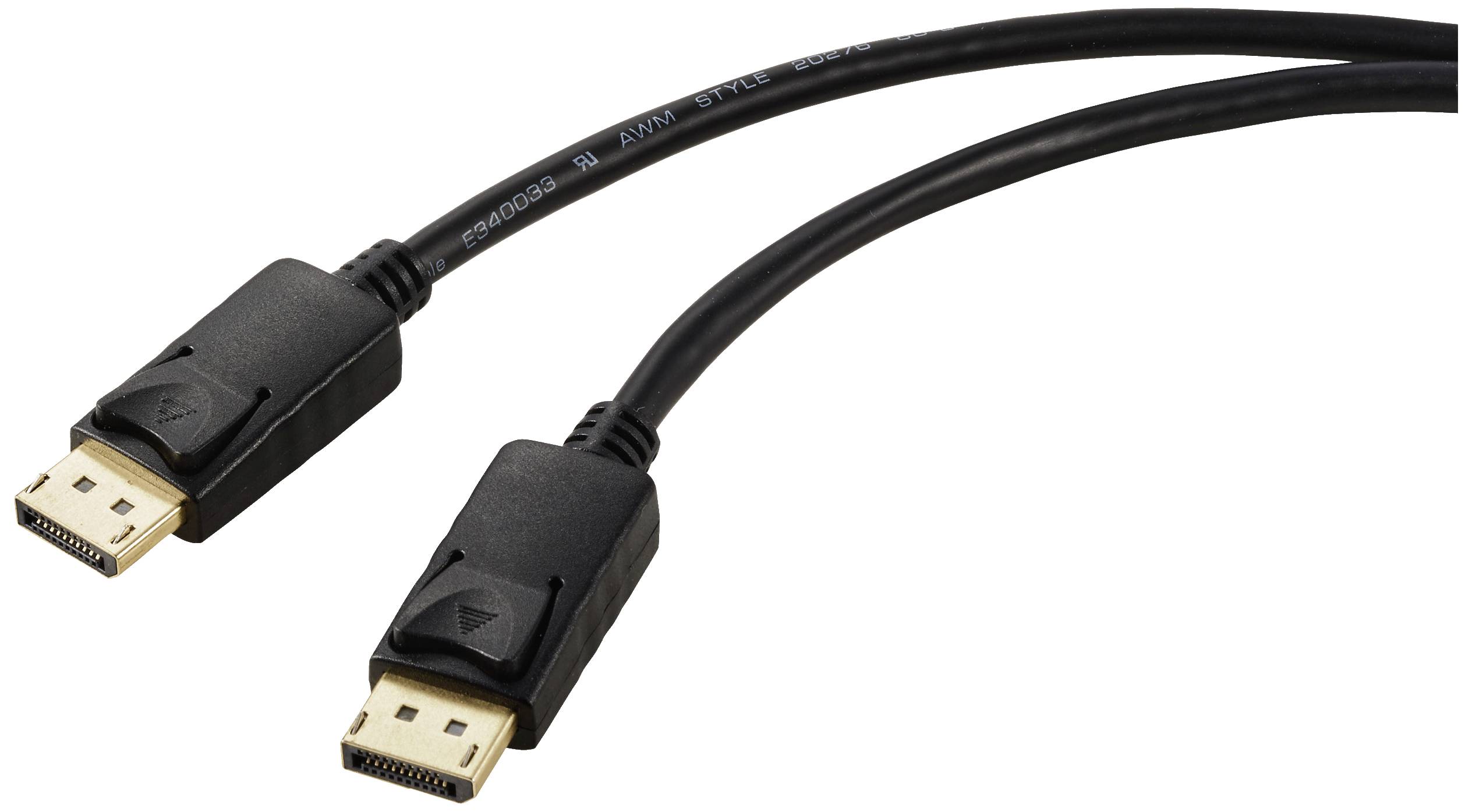 Deux câbles DisplayPort noirs avec des fiches à chaque extrémité, destinés à la transmission de signaux vidéo et audio entre différents appareils.
