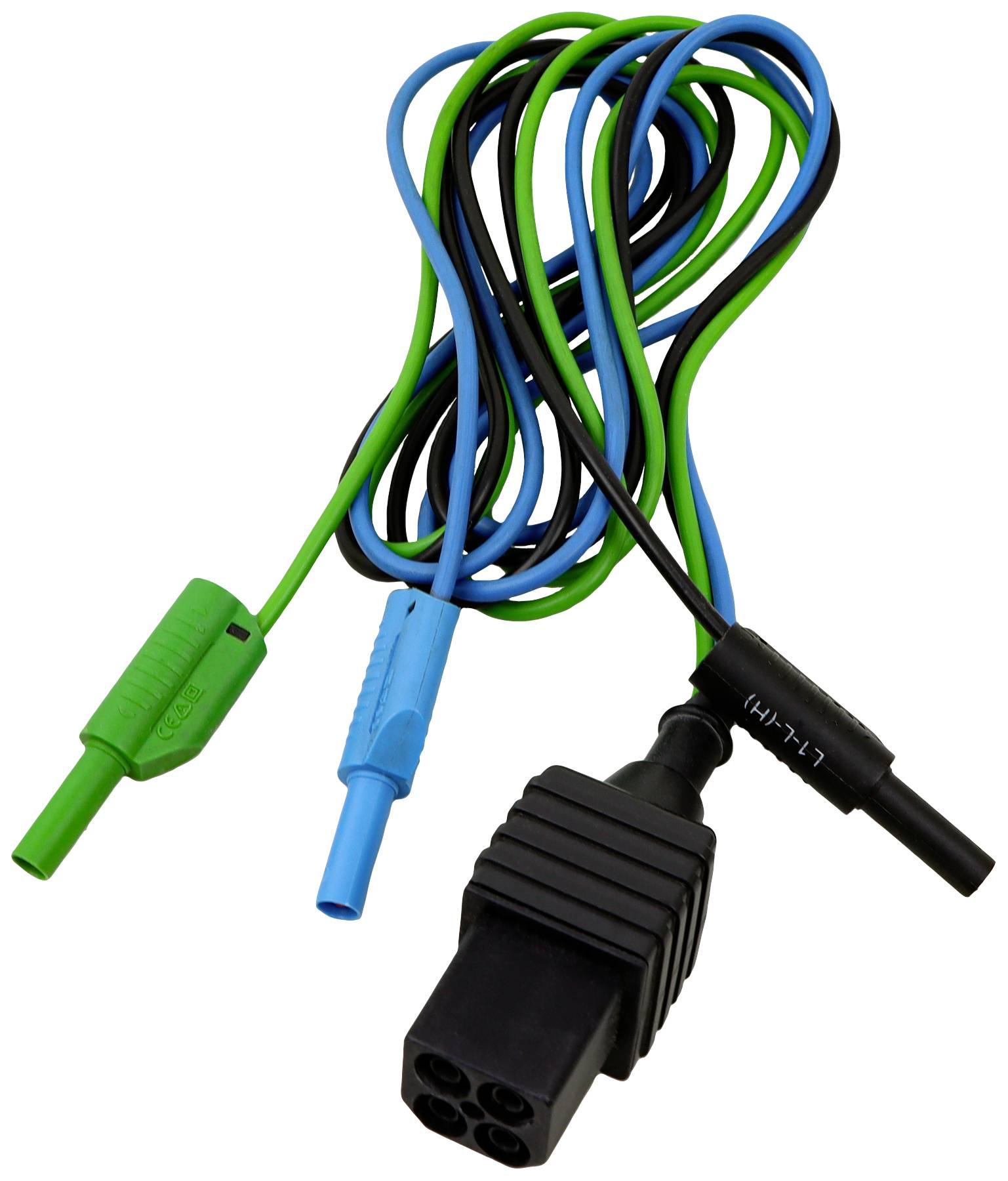 Trois câbles colorés (vert, bleu, noir) avec des connecteurs en plastique et une fiche noire à quatre pôles.