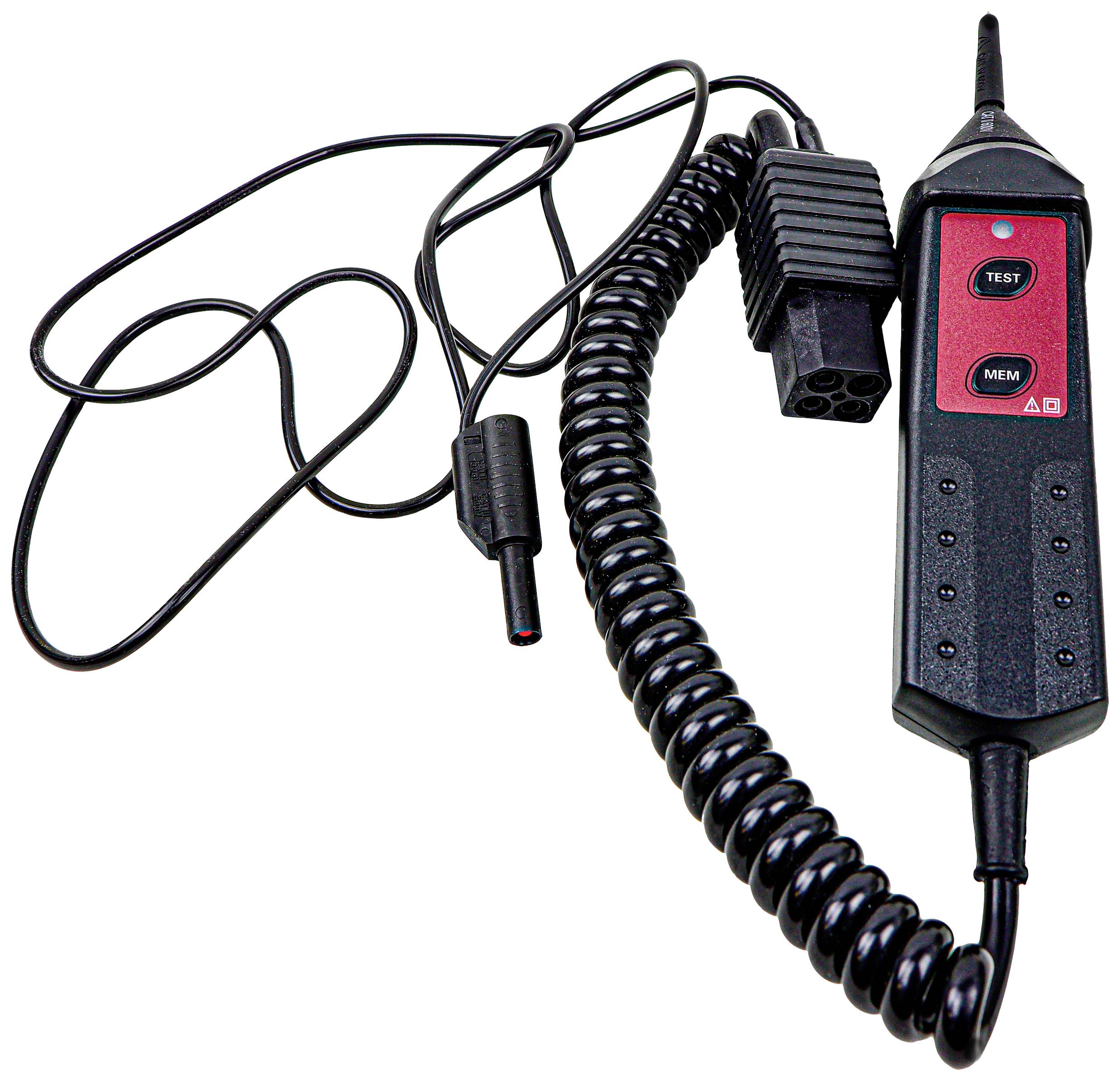 Un dispositif de test électrique avec un câble spiralé noir et des boutons rouges, utilisé pour le diagnostic de véhicules.