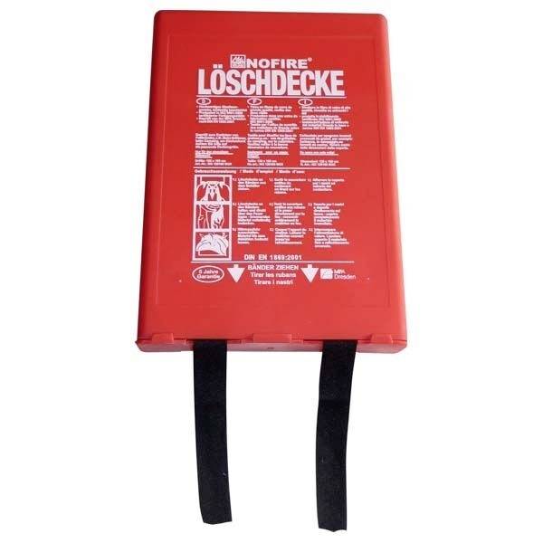 Couverture anti-feu rouge avec instructions et symboles de lutte contre l'incendie, adaptée aux petits incendies domestiques ou professionnels.