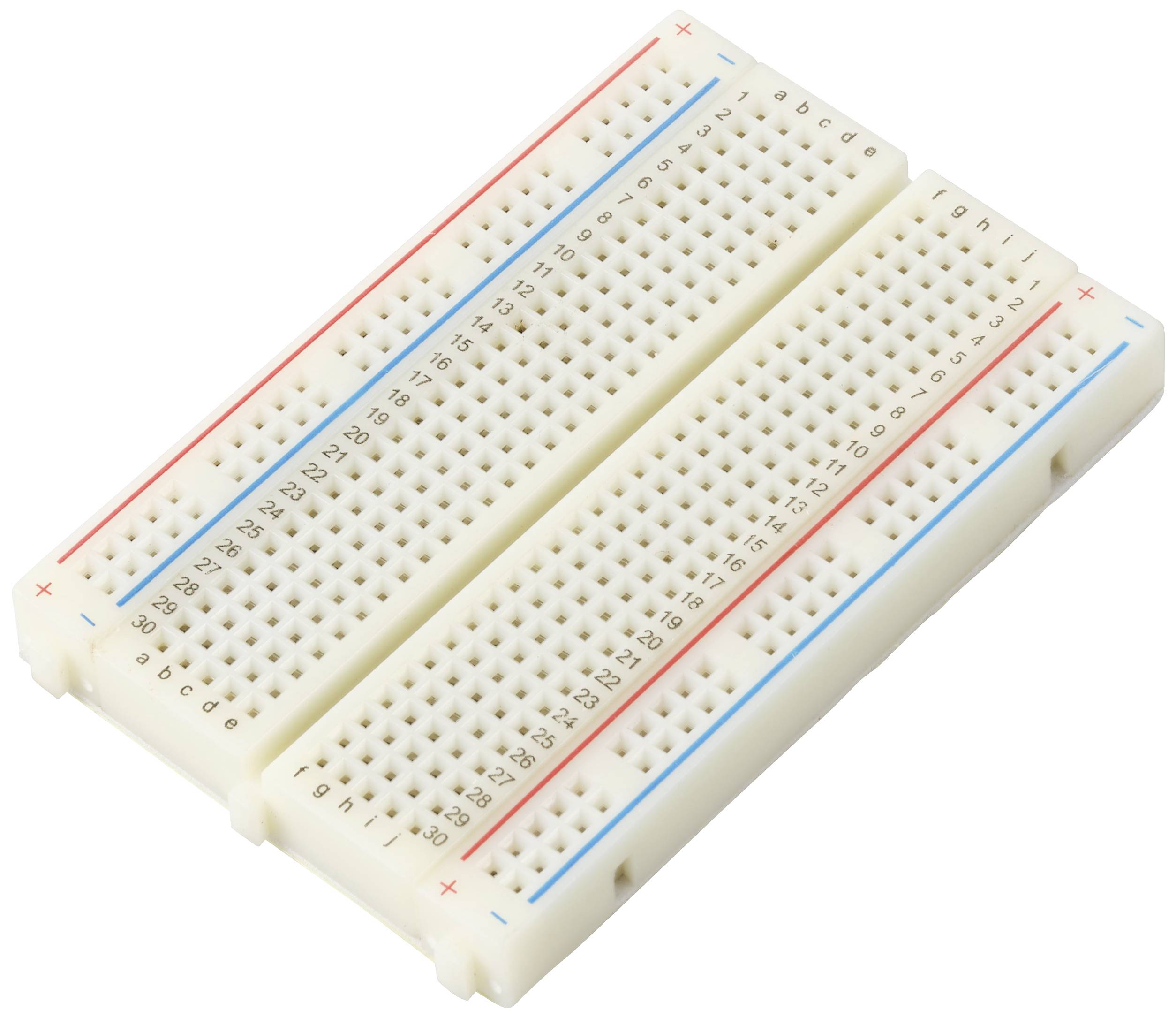Plaque d'essai pour la création de prototypes de circuits électroniques, avec des lignes marquées pour l'alimentation électrique.
