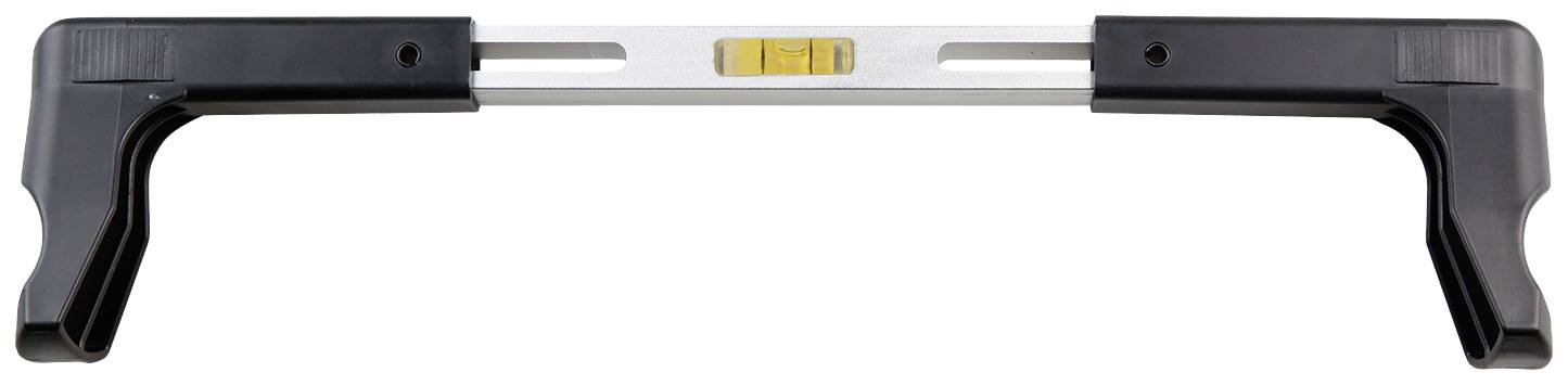 Niveau à bulle avec poignée noire et bulle jaune au centre, utilisé pour l'alignement précis d'objets en position horizontale.