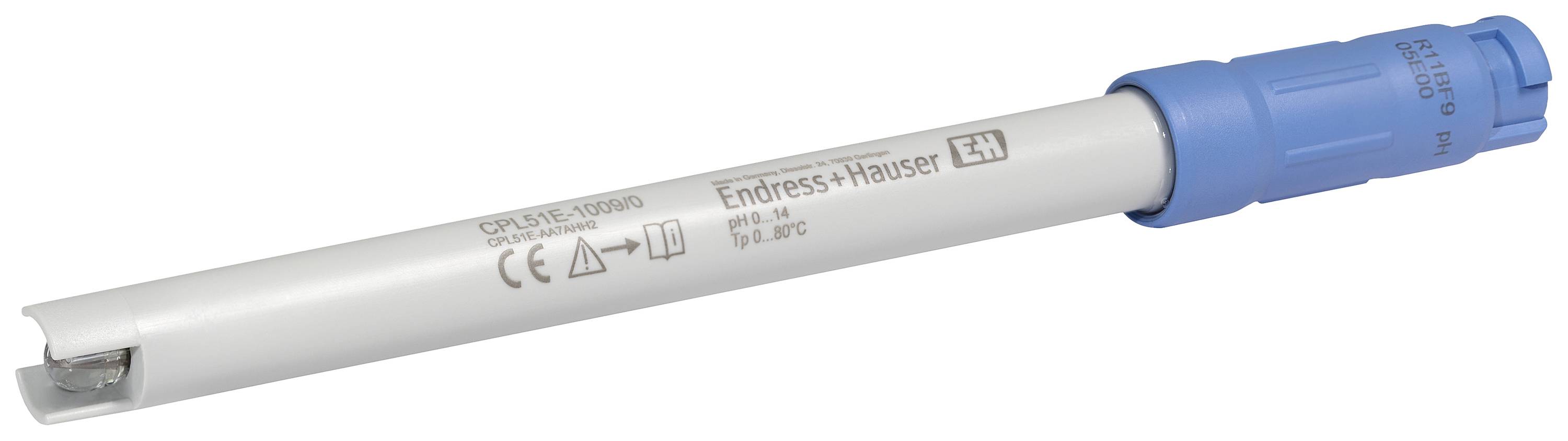 Un capteur bleu et blanc d'Endress+Hauser, adapté pour une utilisation à des températures allant jusqu'à 80°C, portant le marquage CE.