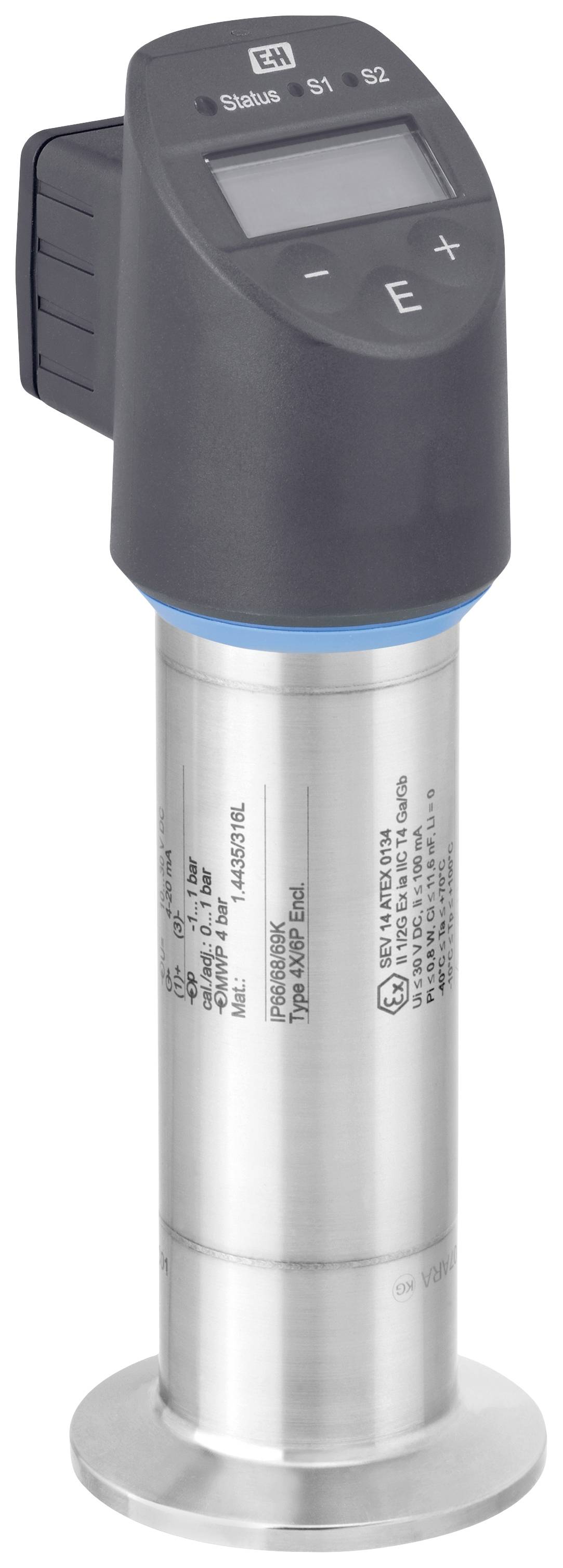 Un capteur de pression avec affichage numérique et commandes. L'appareil est cylindrique en acier inoxydable avec un couvercle en plastique sur le dessus.