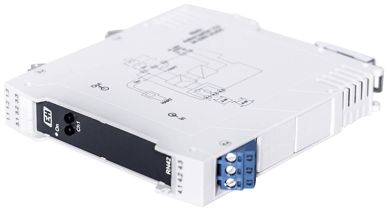 Un module électronique blanc avec des connexions noires et bleues. Un schéma de circuit simple est représenté sur sa face supérieure.