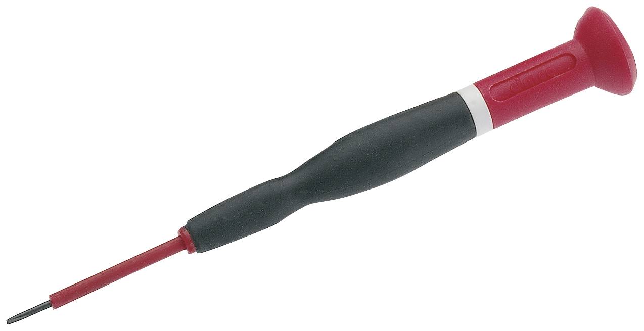 Un tournevis rouge et noir avec une tête métallique fine est posé en diagonale. Adapté pour des travaux de précision.