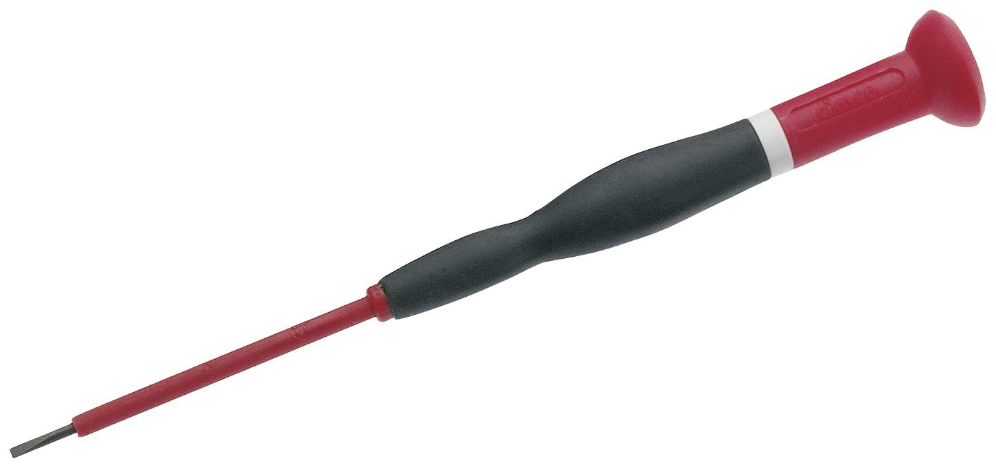 Un petit tournevis rouge et noir à pointe fine, adapté aux travaux de précision sur des composants électroniques ou des mécanismes délicats.