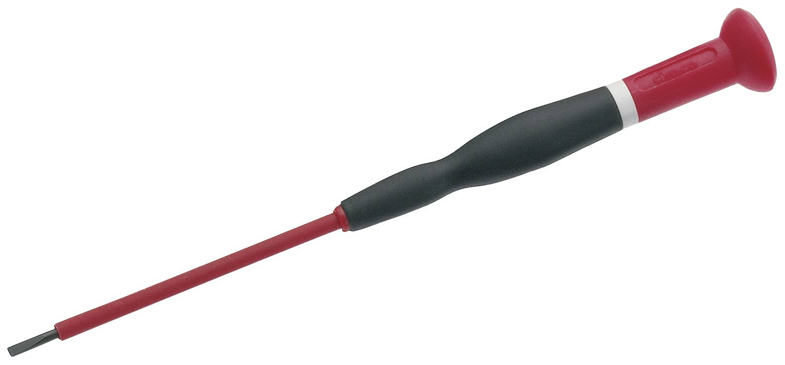 Un petit tournevis de précision rouge avec un manche noir, adapté aux travaux fins sur de petits mécanismes ou en électronique.