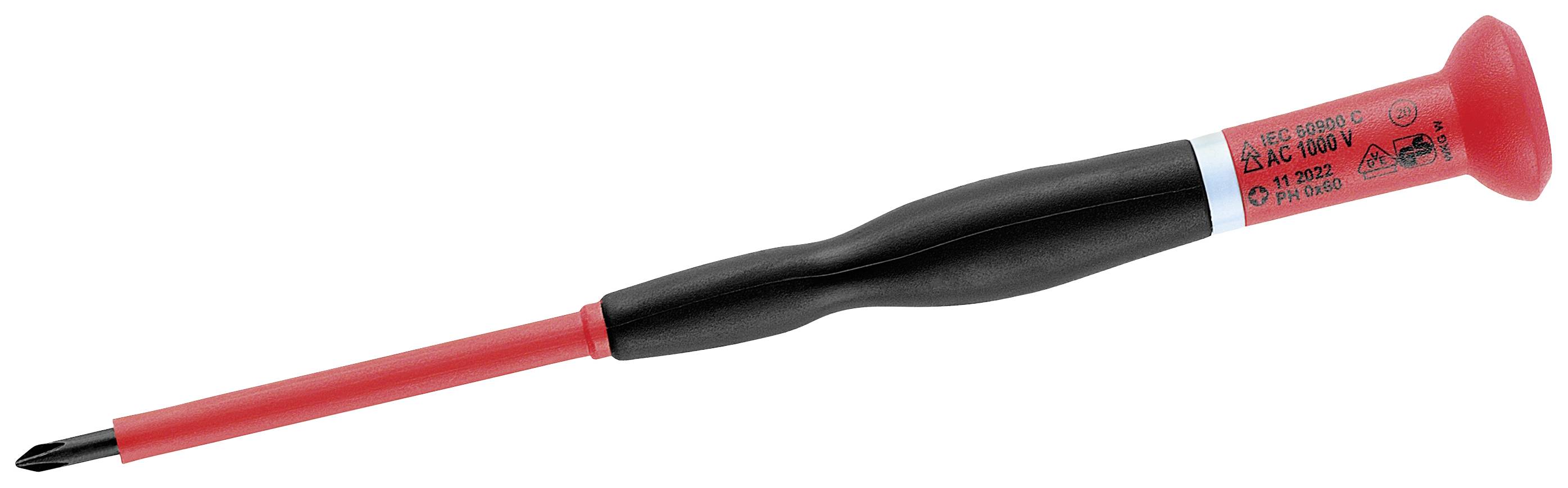 Un tournevis isolé, rouge et noir, pour travaux électroniques, avec une poignée antidérapante et une pointe fine.