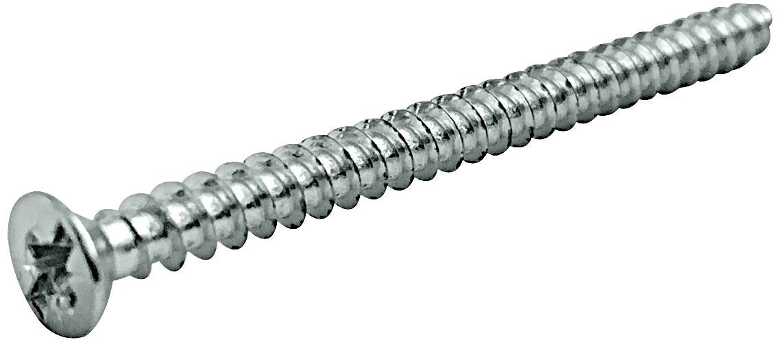 Une vis de jonction métallique à tête plate et empreinte cruciforme pour la fixation de matériaux.