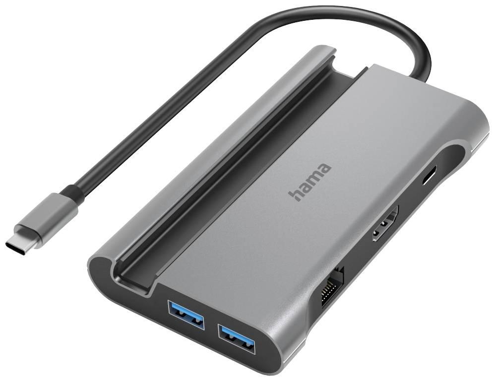 Un hub USB-C avec deux ports USB 3.0, un port HDMI, un port Ethernet et un port USB-C.