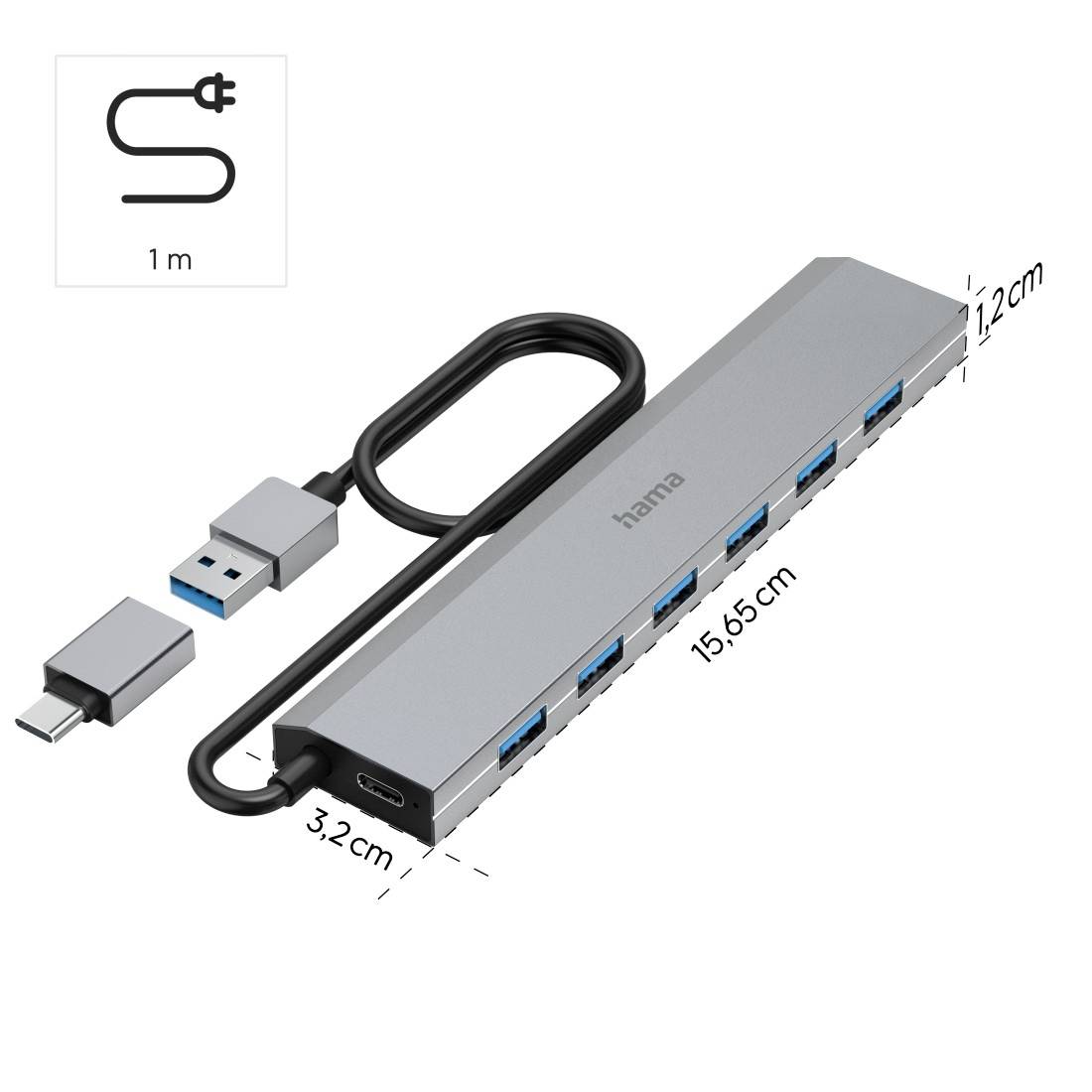 Hub USB avec six ports, boîtier métallique, 15,6 x 3,2 x 1,2 cm, connexion USB-C, adaptateur amovible. Câble de 1 mètre de long.