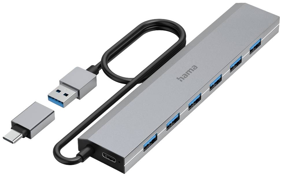 Un hub USB argenté avec six ports USB bleus et un câble connecté ayant des connecteurs USB différents sur chaque extrémité.