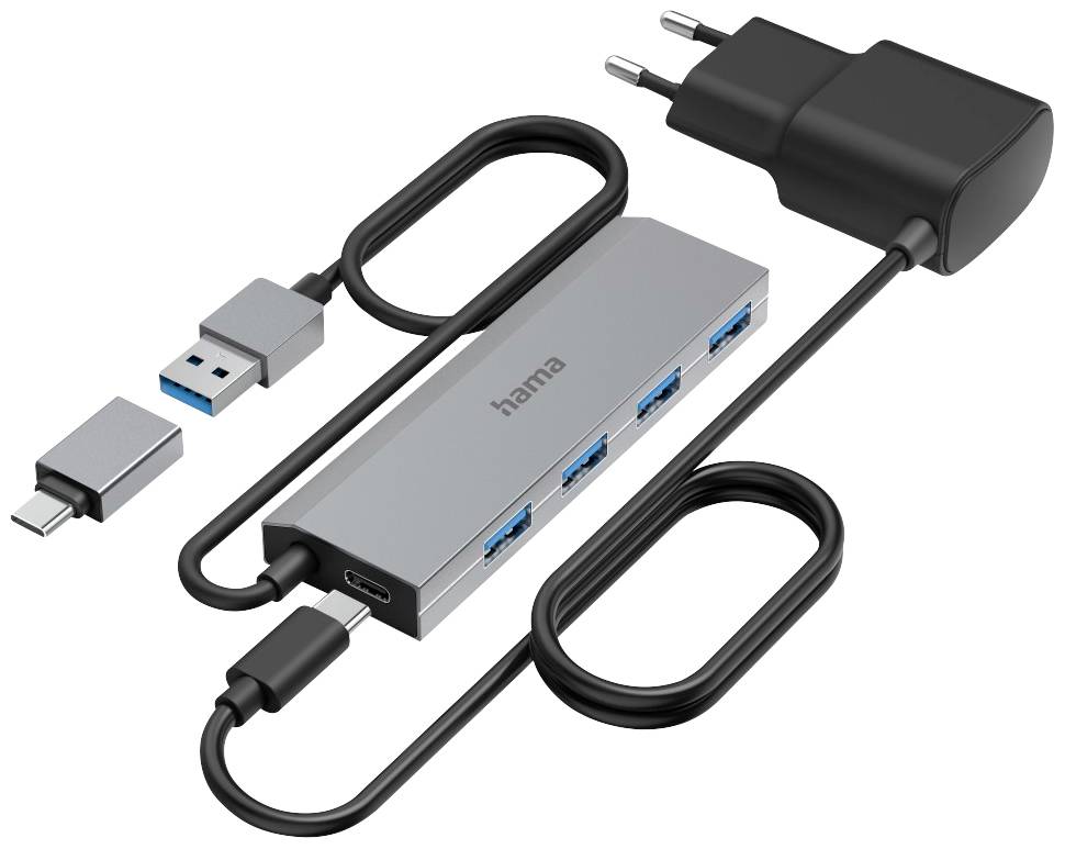 Hub USB 3.0 Hama 4 ports avec fiche mâle USB-C gris
