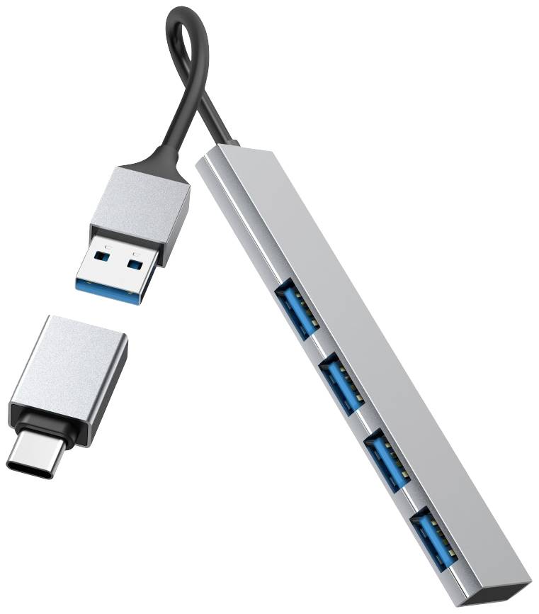 Hub USB avec quatre ports USB bleus, relié par un câble USB-A. À côté, un adaptateur USB-C vers USB-A.