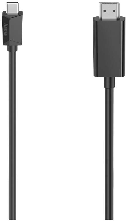 Un câble noir USB-C vers DisplayPort de Hama, adapté pour connecter un ordinateur portable à un écran pour des transmissions vidéo haute résolution.