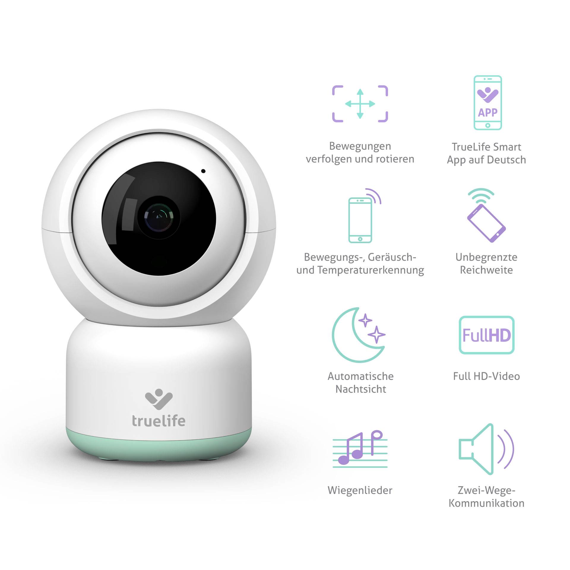 Une caméra de surveillance blanche truelife avec des fonctionnalités telles que la détection de mouvement, de son et de température, vidéo Full HD, vision nocturne et communication bidirectionnelle.