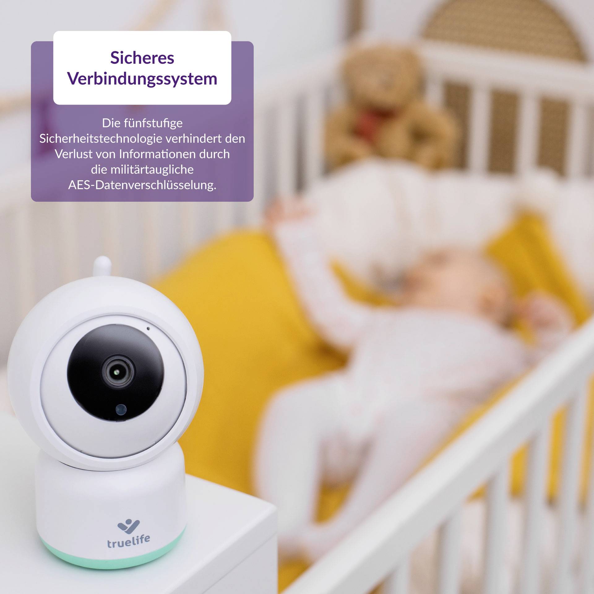 Une caméra de sécurité montre un bébé endormi dans un lit d'enfant. Texte sur l'image : 'Système de connexion sécurisé'.