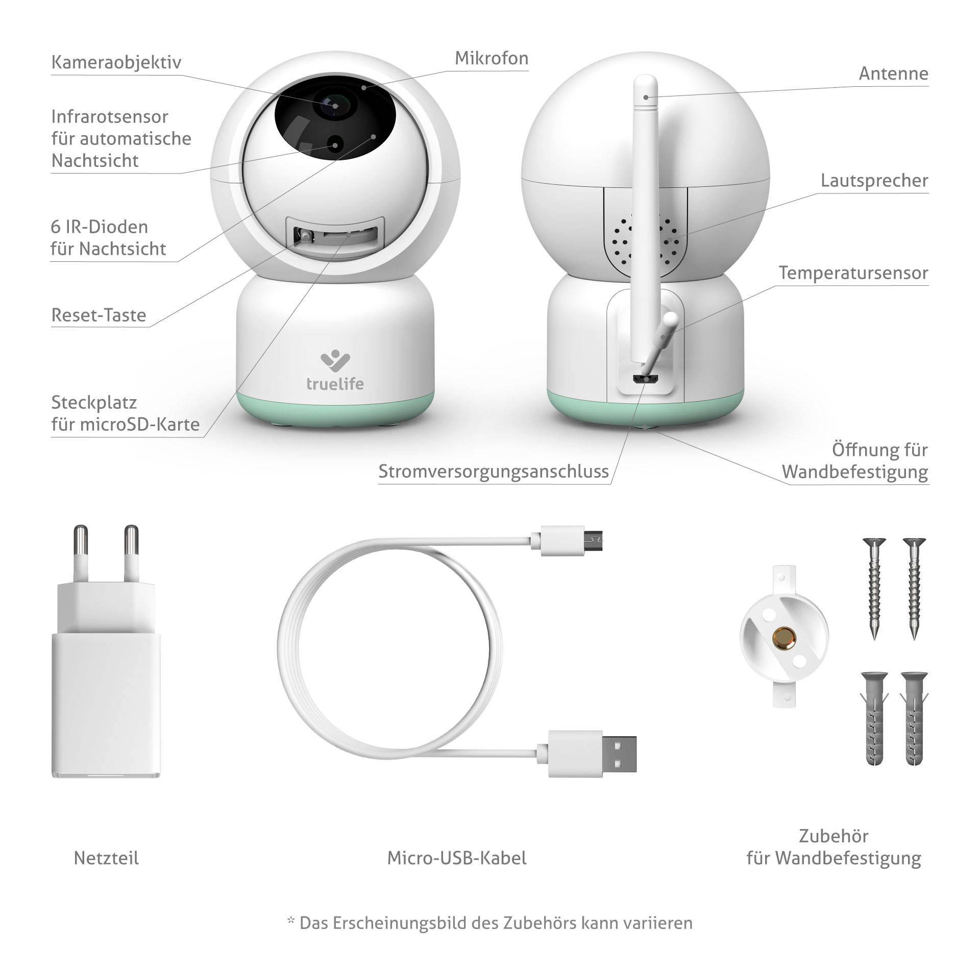 Caméra avec microphone, antenne, haut-parleur et capteur de température. Comprend l'alimentation électrique, un câble USB, accessoires de fixation murale.