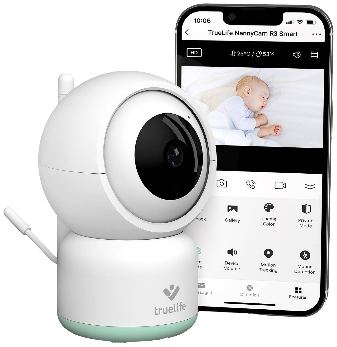 Caméra de babyphone devant un écran de smartphone affichant un bébé endormi et les paramètres de la caméra.