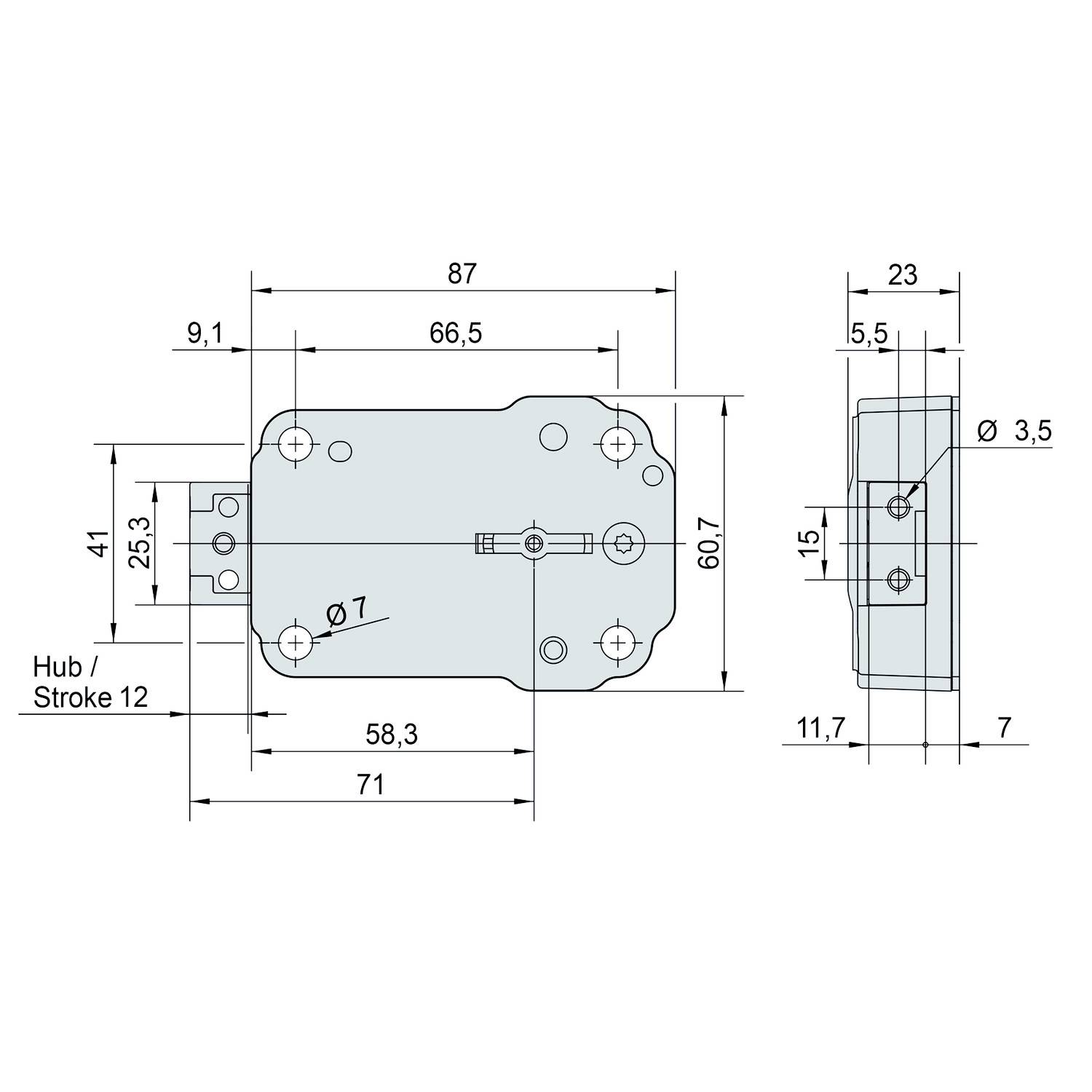 Dessin technique d'une pièce métallique avec deux vues et dimensions précises. À gauche : largeur 87 mm, hauteur 41 mm. À droite : profondeur 23 mm.