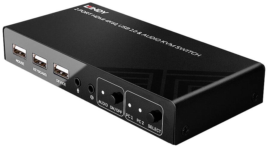 Commutateur KVM USB 2.0 HDMI 2 ports 4Kx2K avec audio en noir, doté de connexions pour souris, clavier, audio et deux boutons de sélection de périphériques.