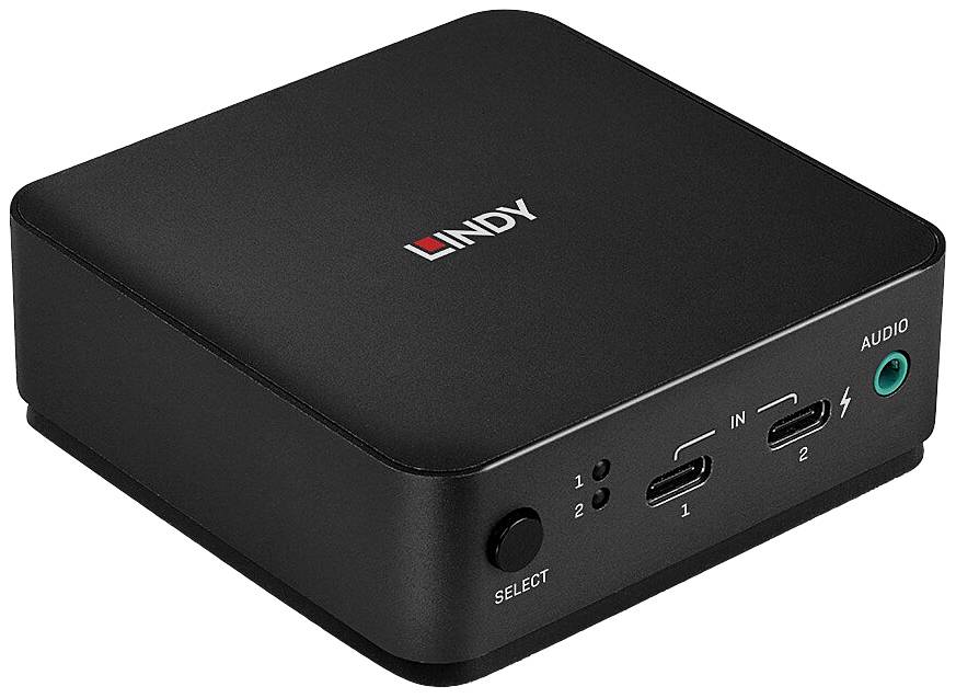 Commutateur HDMI noir de Lindy avec deux ports HDMI et audio, un port USB-C et un bouton de sélection à l'avant.