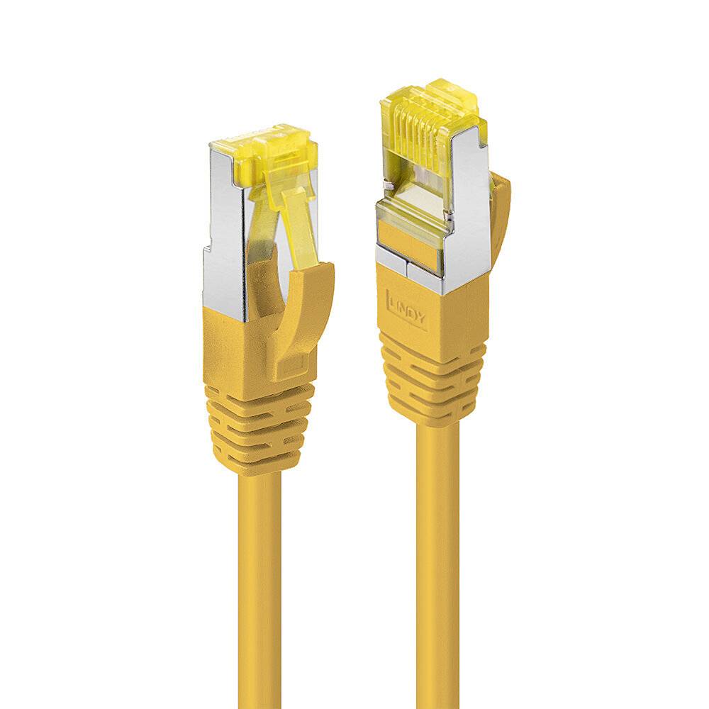 Câble réseau jaune avec deux connecteurs RJ-45, adapté pour les connexions Ethernet dans les réseaux informatiques et les systèmes de communication.
