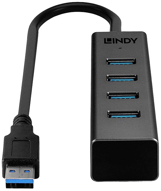 Hub USB noir avec quatre ports USB 3.0 et un câble court. La marque 'Lindy' est visible sur le dessus.