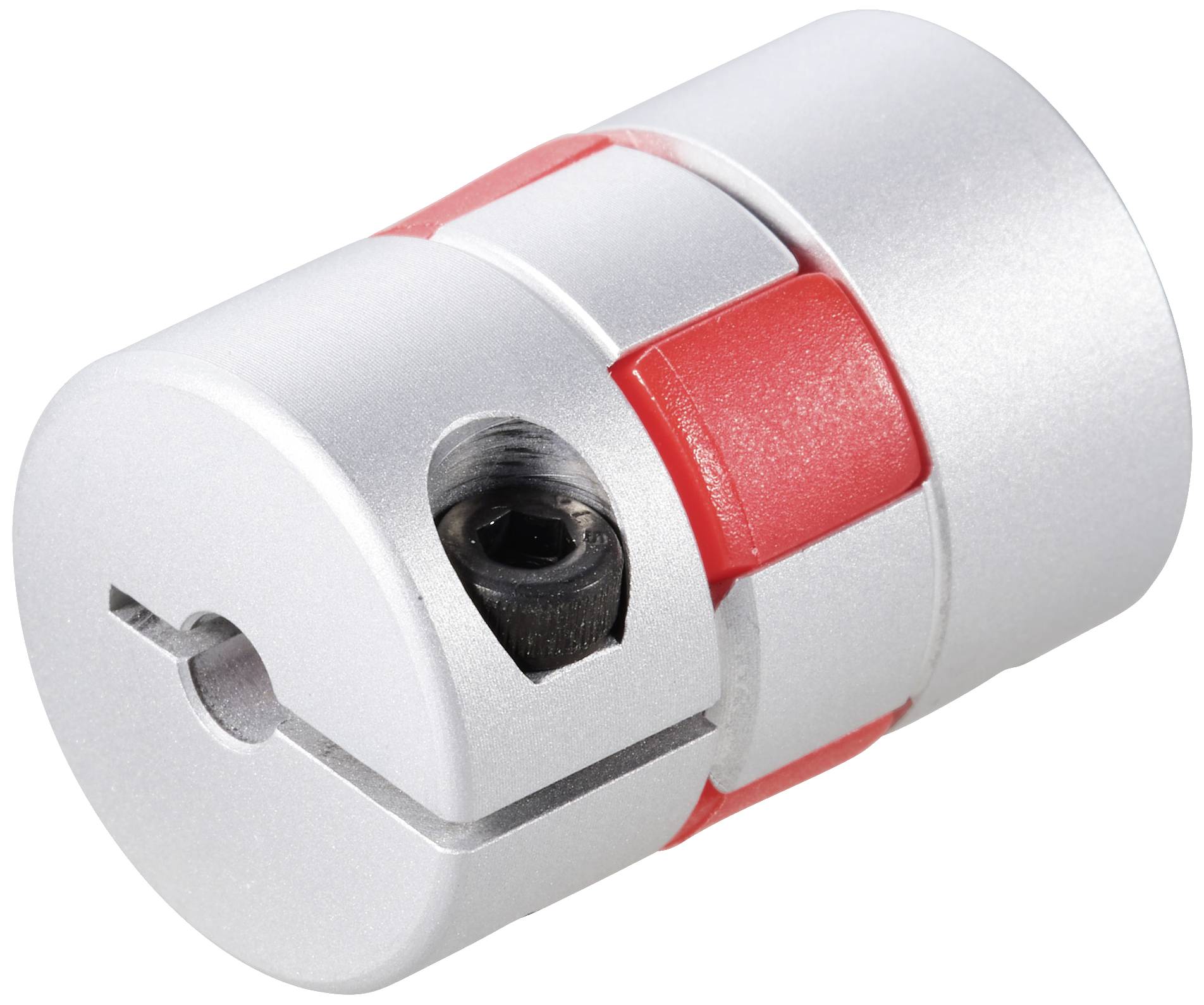 Accouplement métallique avec segment en plastique rouge, fixation par vis et découpe. Adapté pour la connexion de pièces rotatives dans les machines.